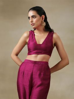 trueBrowns - Purple Textured Silk Overlay Jacket Blouse Pant (Set of 3)