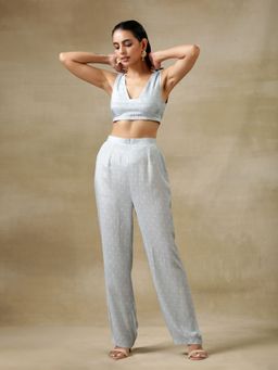 trueBrowns - Grey Bandhani Printed Silk Overlay Jacket Blouse Pant (Set of 3)