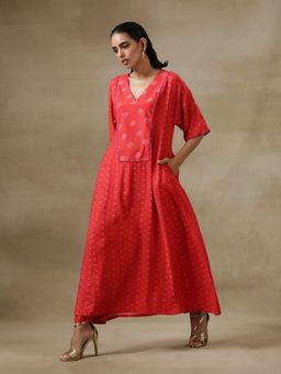 trueBrowns - Red Bandhani Printed Silk Long Kurta Pant (Set of 2)