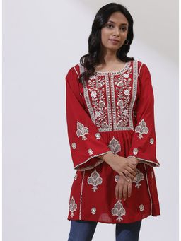 Lakshita - Cherry Red A-Line Embroidered Kurti