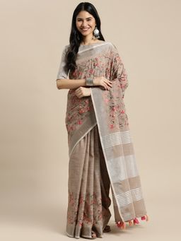 Sangam Prints - Brown Linen Resham Dori Work Traditional Tassle Saree with Unstitched