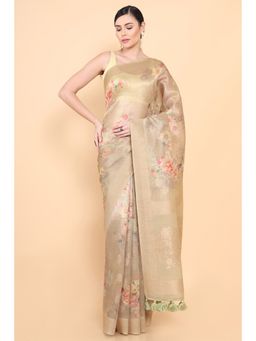 Soch - Women Beige Organza Printed Saree with Unstitched Blouse