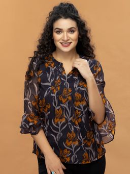 Attic Salt - Black Printed Front Pleated Top