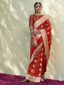 WeaverStory - Brick Red Handloom Organza Banarasi Saree Kadhwa Meenakari Booti with Unstitched Blouse