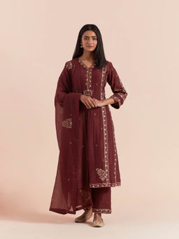 Priya Chaudhary - Red Soft Chanderi Kurta with Pants and Dupatta (Set of 3)