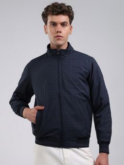 Monte Carlo - Men's Regular Fit Checkered Zipper Full Sleeve Navy Blue Jacket