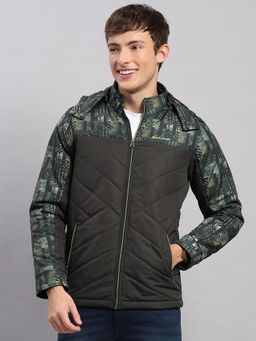 Monte Carlo - Men's Regular Fit Printed Zipper Full Sleeve Olive Jacket