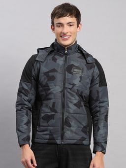Monte Carlo - Men's Regular Fit Printed Zipper Full Sleeve Black Jacket