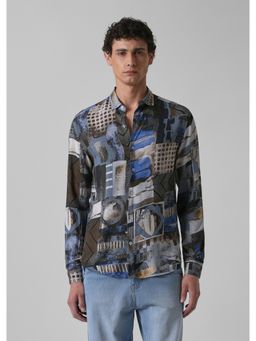 Banana Club - Blue Viscose Rayon Printed Shirt