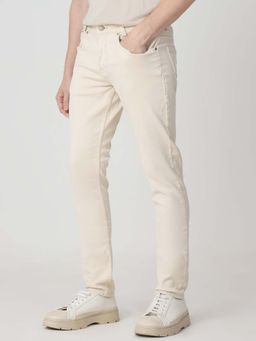 Mufti - Off White Cotton Blend Solid Jeans