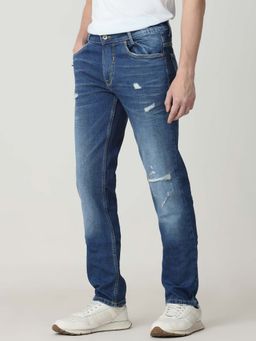 Mufti - Blue Cotton Blend Solid Jeans
