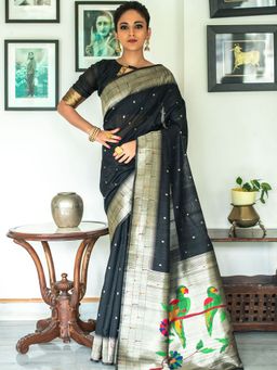 Odette - Black Tussar Silk Paithani Saree with Unstitched Blouse