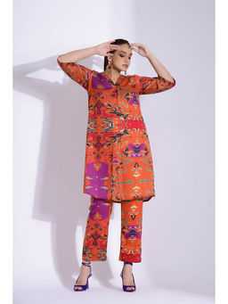Studio Surbhi - Orange Cotton Silk Printed V Neck Kurta and Pant (Set of 2)