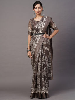 Akhilam - Women Brasso Charcoal Grey Printed Designer Saree with Unstitched Blouse Piece