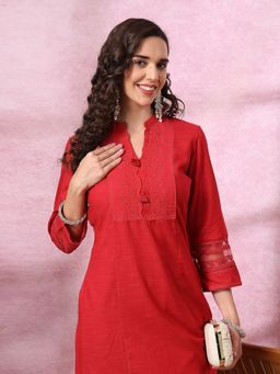 Nayam by lakshita - Red Embellished Schiffli Yoke Design Kurta with Palazzo (Set of 2)