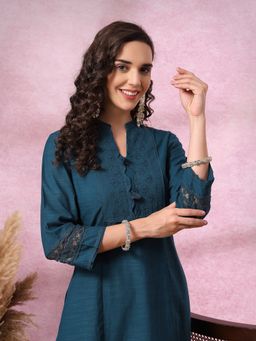Nayam by lakshita - Teal Embroidered Schiffli Kurta with Pant (Set of 2)