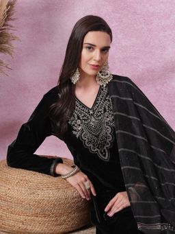 Nayam by lakshita - Zari Embroidered Velvet Straight Kurta and Palazzo with Dupatta (Set of 3)