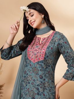 Nayam by lakshita - Floral Printed Straight Rayon Kurta with Sharara and Dupatta (Set of 3)