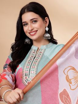 Nayam by lakshita - Embroidered A-Line Linen Kurta Palazzo with Dupatta (Set of 3)