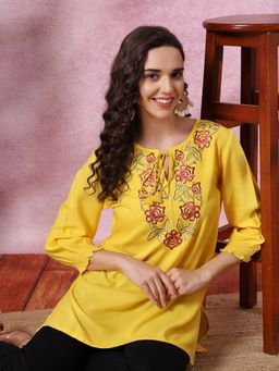 Nayam by lakshita - Yellow A-Line Rayon Floral Embroidered Short Kurti