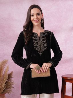 Nayam by lakshita - Black Embroidered A-Line Velvet Short Kurti