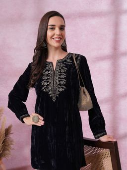 Nayam by lakshita - Navy Blue Embroidered A-Line Velvet Short Kurti