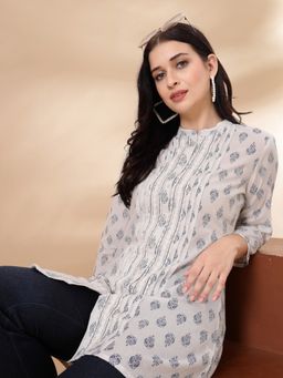 Nayam by lakshita - Blue and White Floral Printed A-Line Cambric Short Kurti