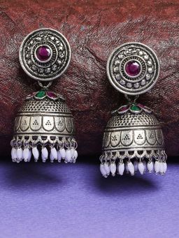 OOMPH - Jewellery Oxidised Silver Maroon Stones & Pearls Ethnic Jhumka Earrings