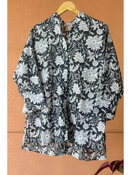 Kapraaha - Navy Floral Printed Muslin Shirt