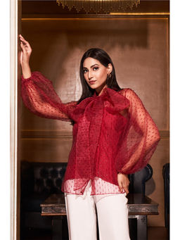 Label Swish - Maroon Textured Organza Bow Shirt with Inner