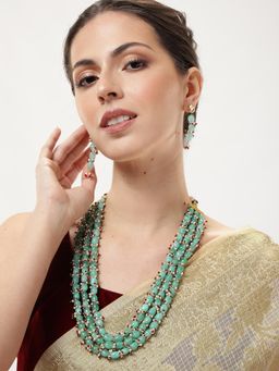 Abdesigns - Green Long Gold Plated Pearl Mala Necklace with Earrings