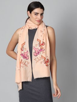 Modarta By Kamakshi - Light Peach Pink Pure Pashmina Stole Online Hand Embroidery Bird Design