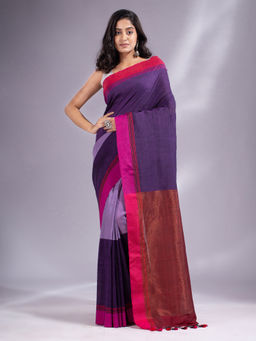 CHARUKRITI - Purple Pure Cotton Handwoven Zari Pallu Soft Saree & with Unstitched Blouse