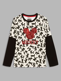 Blue Giraffe - Boys White Mickey Mouse Printed Round Neck Full Sleeves T-Shirt