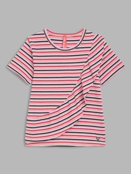 Blue Giraffe - Girls Multi Color Striped Round Neck Short Sleeves Frilled Top