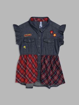 Blue Giraffe - Girls Multi Color Checked Collar Short Sleeves Shirt Dress