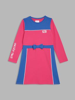 Blue Giraffe - Girls Pink Colorblocked Round Neck Full Sleeves A-Line Dress