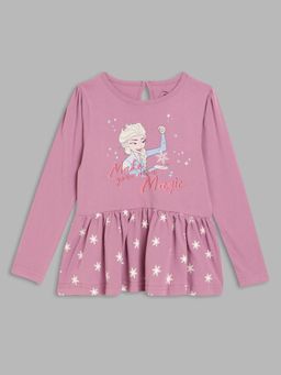 Blue Giraffe - Girls Pink Character Printed Round Neck Full Sleeves Peplum Top