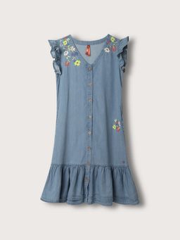 Blue Giraffe - Girls Blue V Neck Solid Dress
