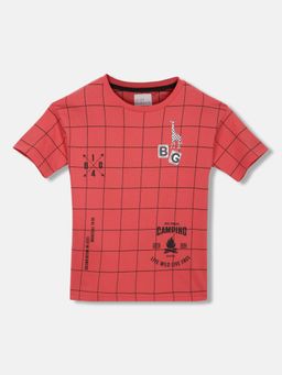 Blue Giraffe - Boys Red Checked Round Neck Short Sleeves T-Shirt