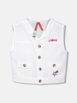 Blue Giraffe - Girls White Solid V Neck Sleeveless Jacket