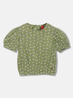 Blue Giraffe - Girls Green Embroidered Round Neck Short Sleeves Top