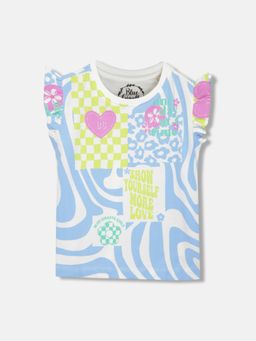 Blue Giraffe - Girls White Printed Round Neck Ruffled Sleeves Top