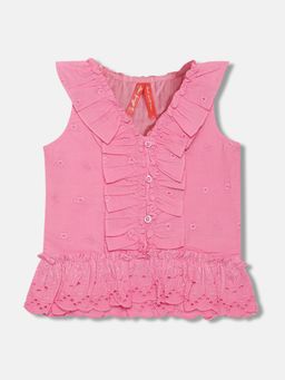 Blue Giraffe - Girls Pink Embroidered V Neck Sleeveless Top