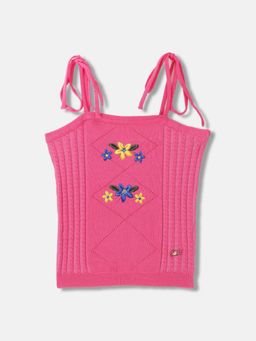 Blue Giraffe - Girls Pink Embroidered Shoulder Straps Sleeveless Top