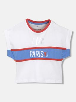 ELLE - Girls White Colour Blocked Round Neck Half Sleeves T-Shirt