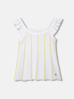 ELLE - Girls White Striped Scoop Neck Ruffled Sleeves Top