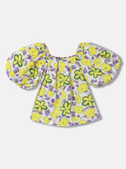 ELLE - Girls Multi-Color Floral Square Neck Puff Sleeves Top