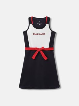 ELLE - Girls Navy Blue Colour Blocked Round Neck Sleeveless Dress (Set of 2)