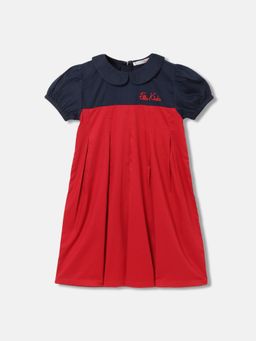 ELLE - Girls Red Colour Blocked Round Neck Short Sleeves Dress